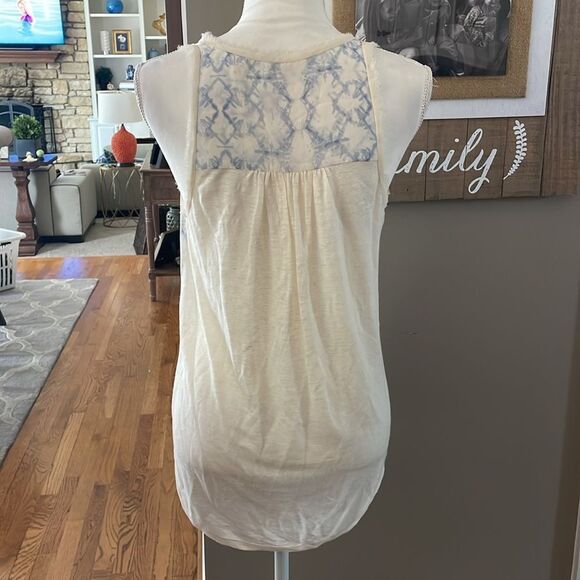 Rebecca Taylor Cream and Blue Print Silk and Linen Sleeveless Top - Picture 5 of 8